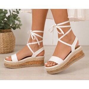 Retro White Lace Up Platform Sandals Espadrille Cork Wedge FRM1 Womens 8 41‎